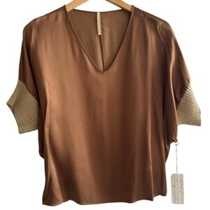 Drop Shoulder silky Copper Brown V-Neck Top/Blouse, NWT